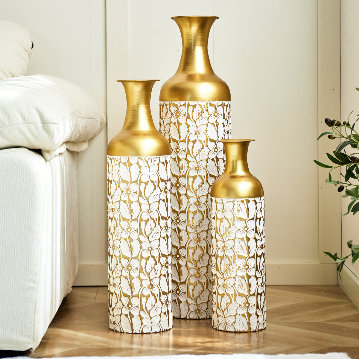 Vloervaas metaal wit bloemmotief – set van 3