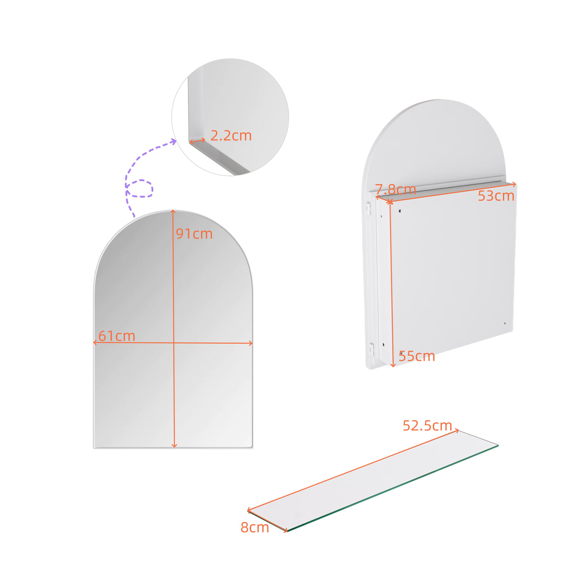 Spiegelkast boogvormig wit – 91 cm