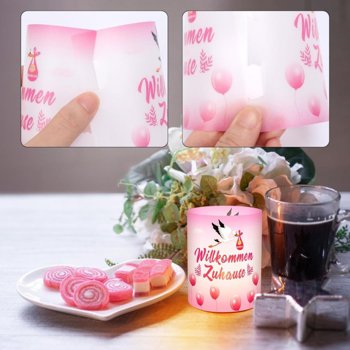 Windlicht 'Welcome Home' ooievaar roze – set van 12