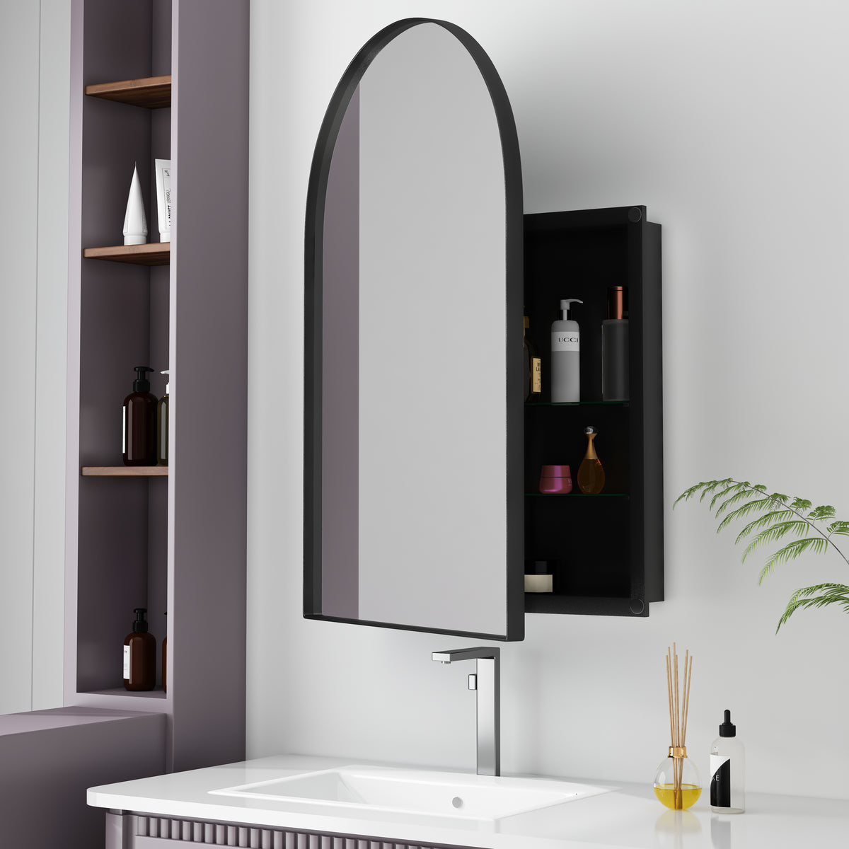 Spiegelkast boogvormig zwart – 91 cm