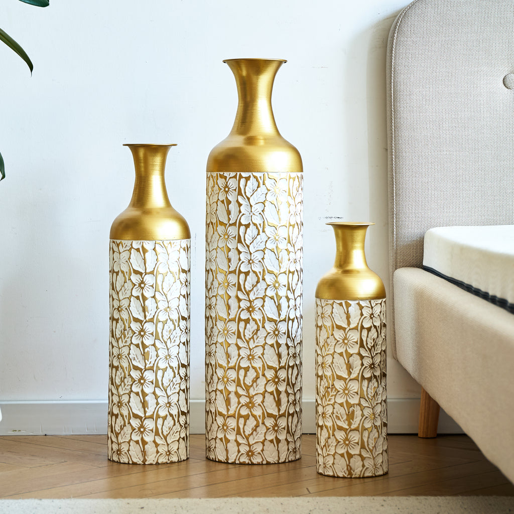 Vloervaas metaal wit bloemmotief – set van 3