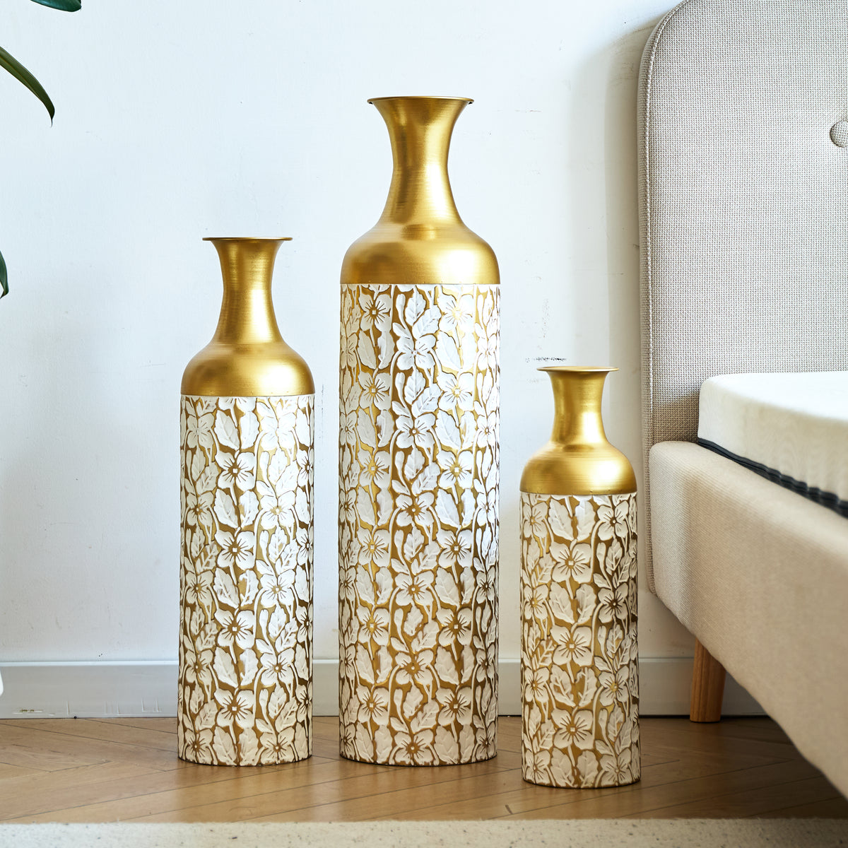 Vloervaas metaal wit bloemmotief – set van 3