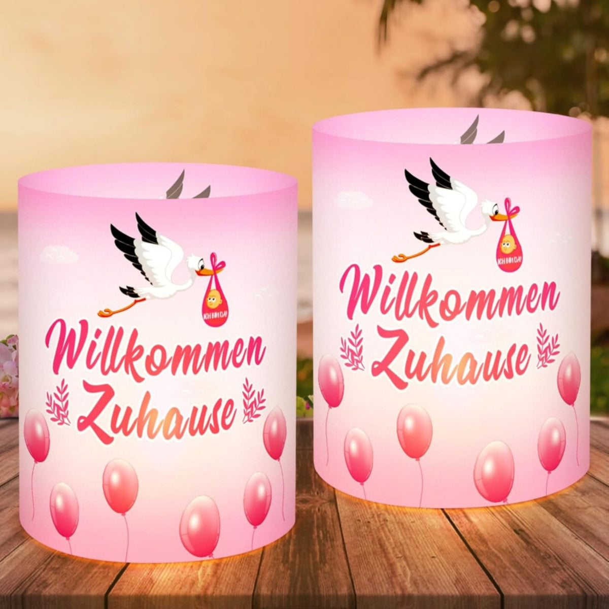 Windlicht 'Welcome Home' ooievaar roze – set van 12
