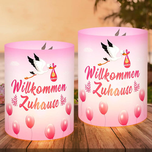 Windlicht 'Welcome Home' ooievaar roze – set van 12