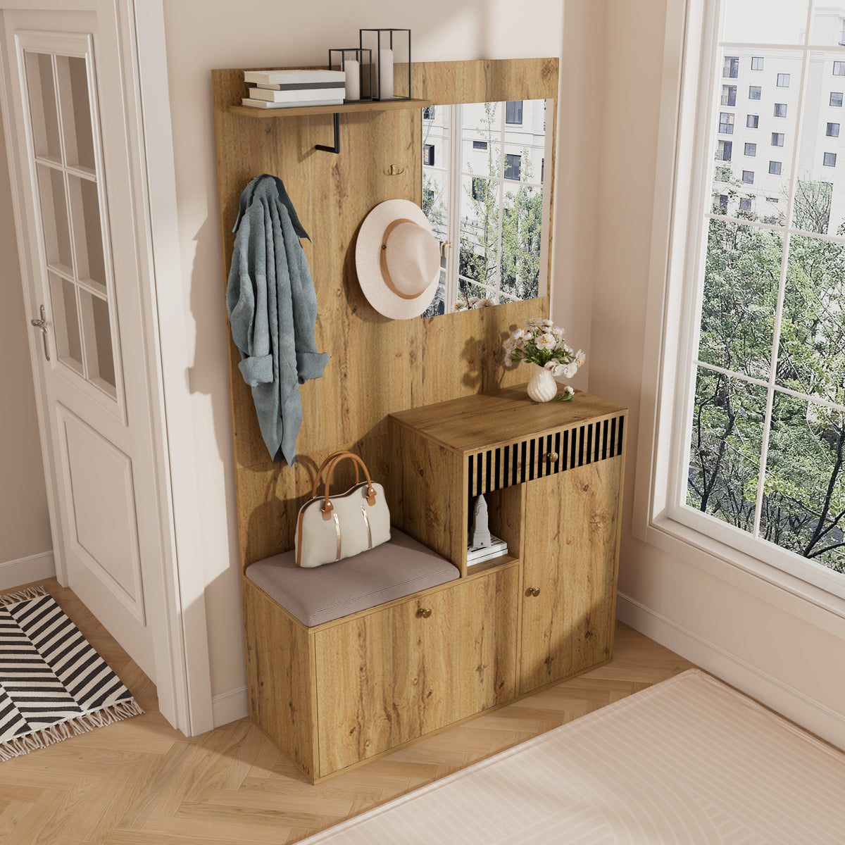 Halmeubel met spiegel naturel – set