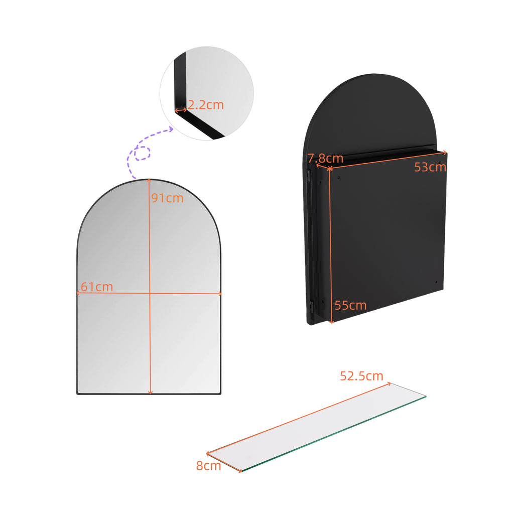 Spiegelkast boogvormig zwart – 91 cm