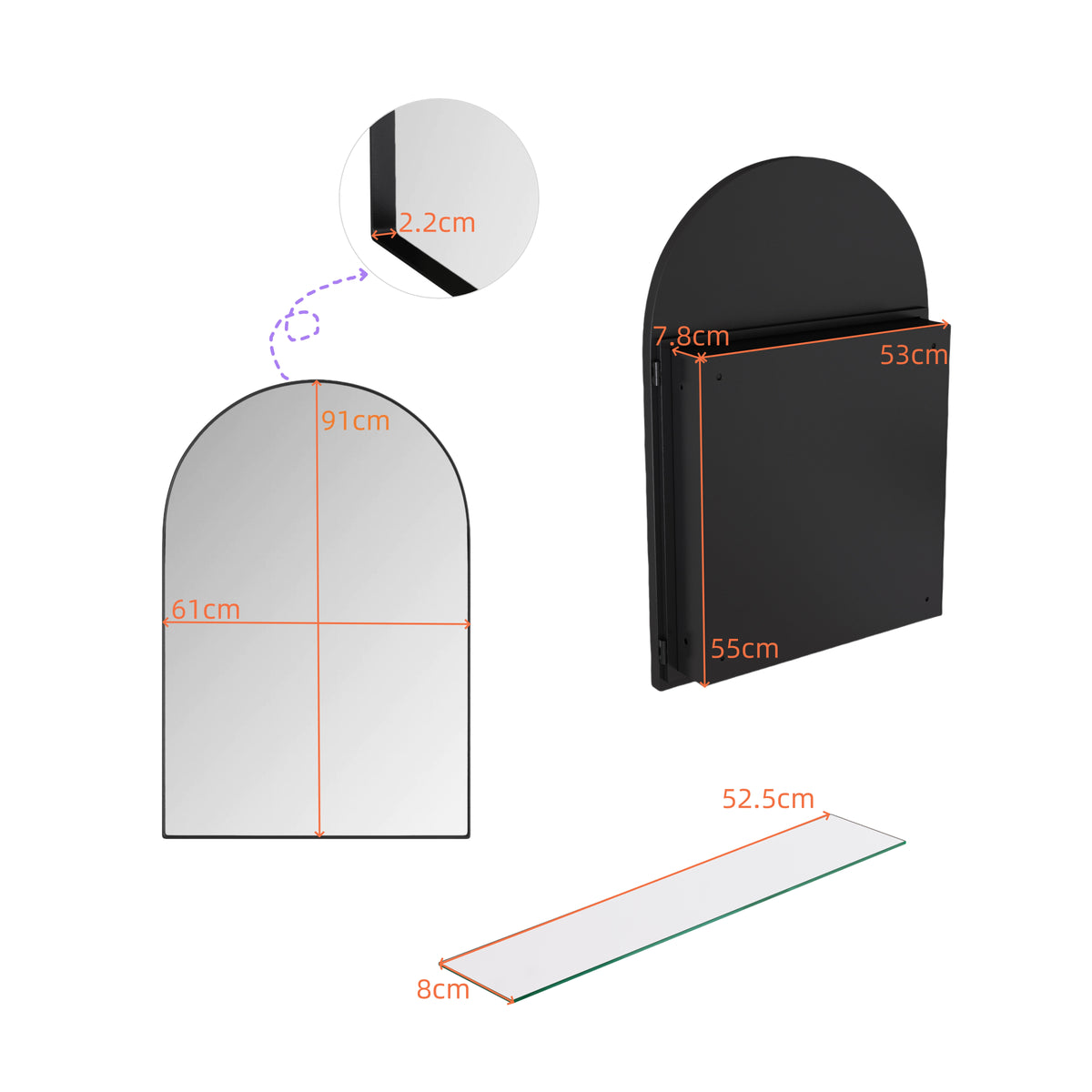 Spiegelkast boogvormig zwart – 91 cm