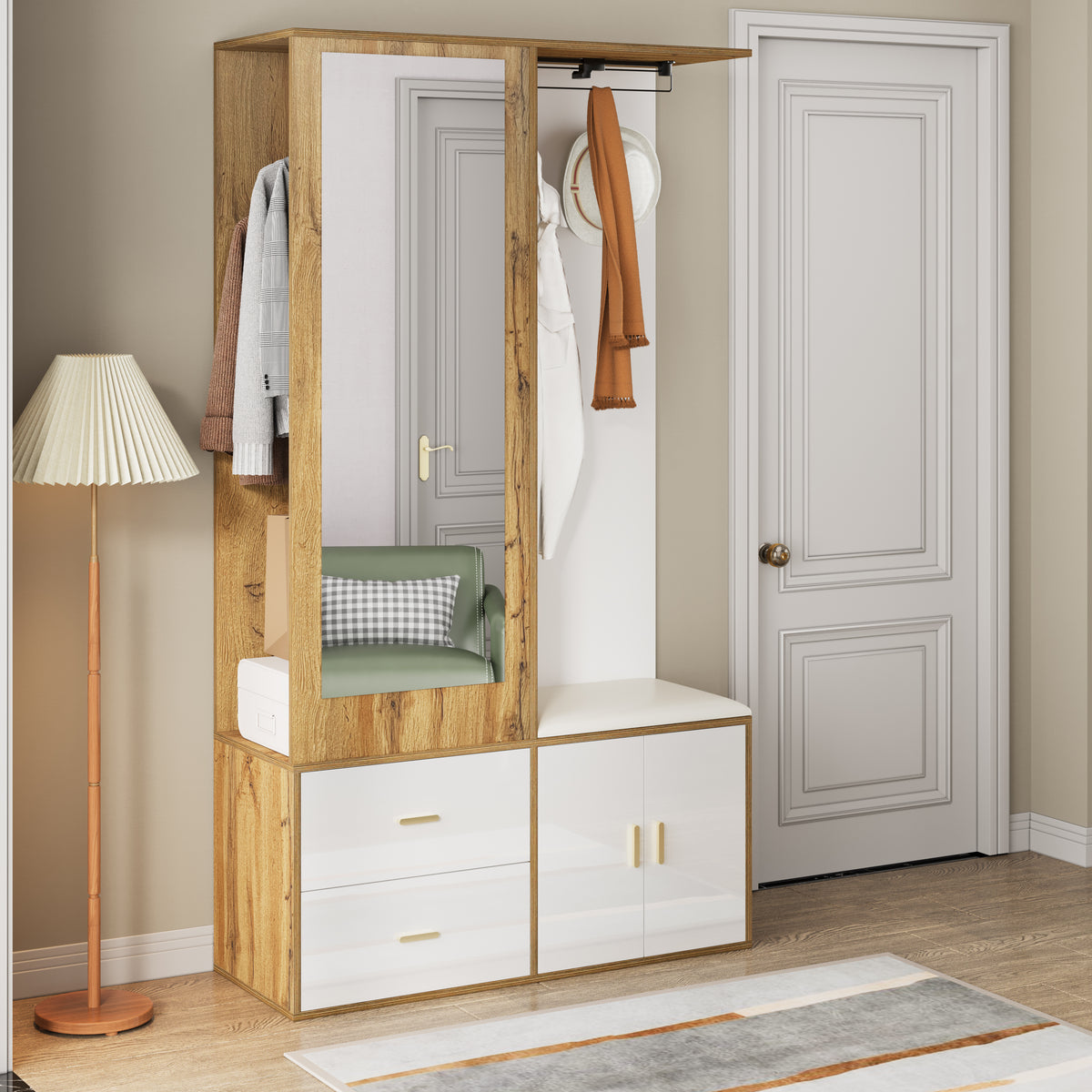 Elegante garderobekast met spiegel naturel – set