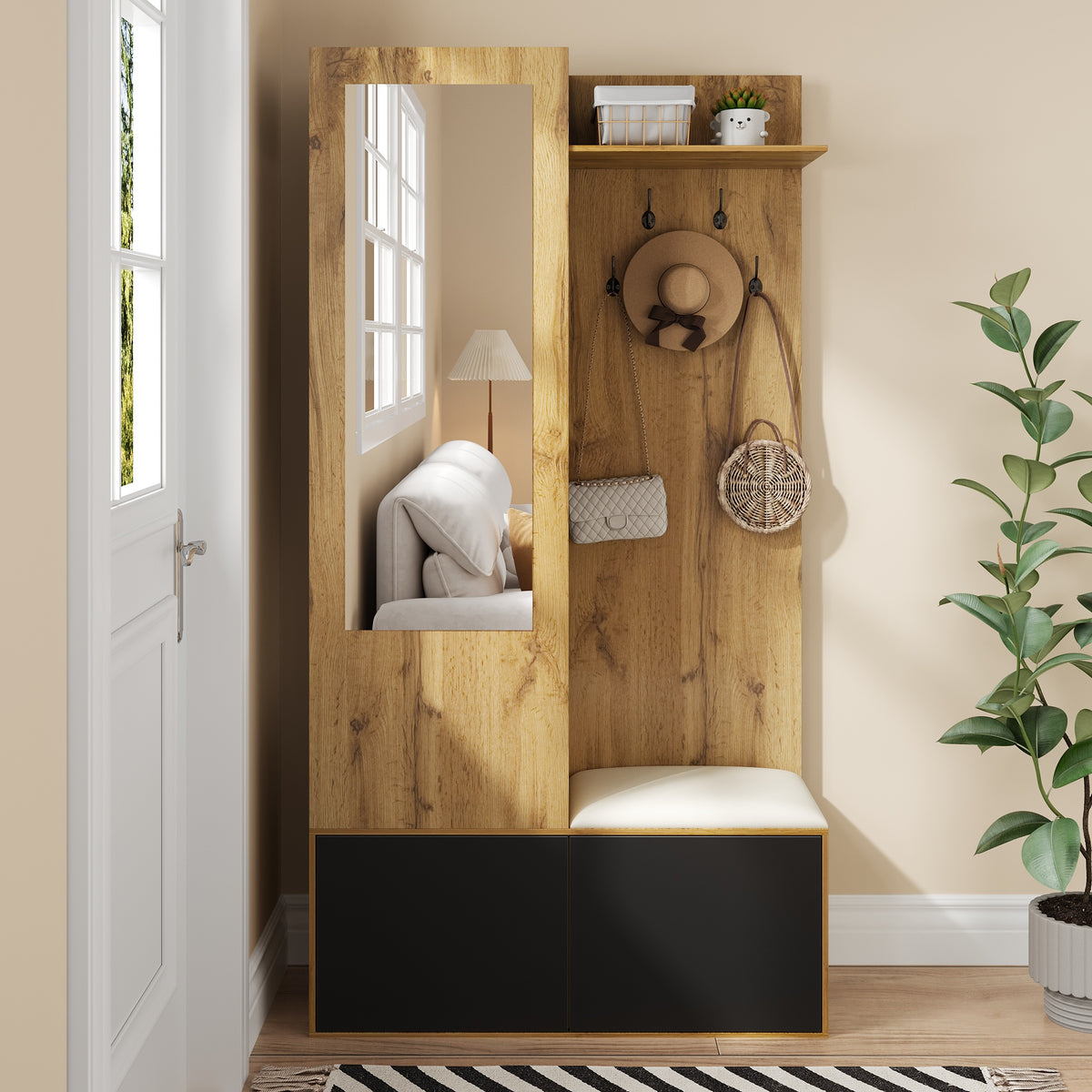 Stijlvolle garderobekast met spiegel naturel – set