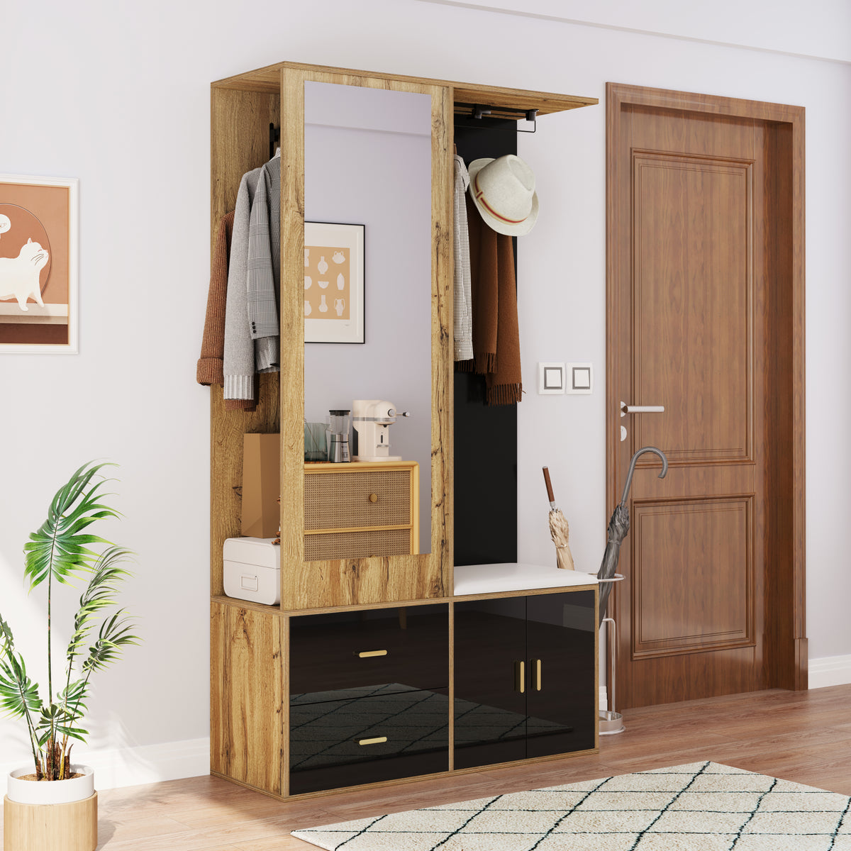 Elegante garderobekast met spiegel naturel – set