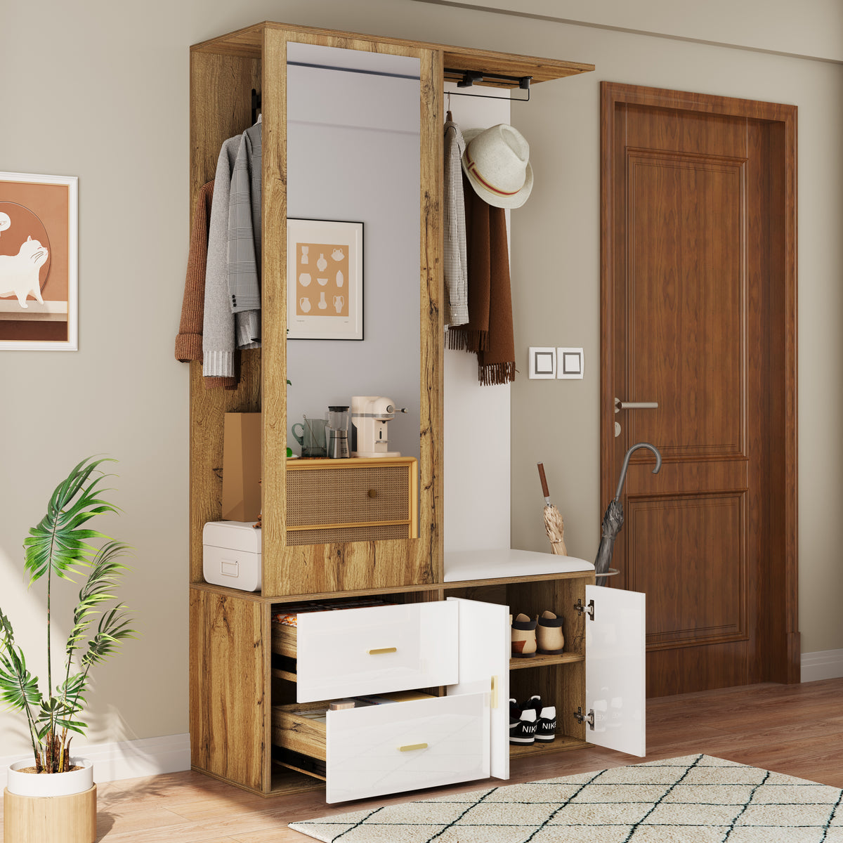Elegante garderobekast met spiegel naturel – set