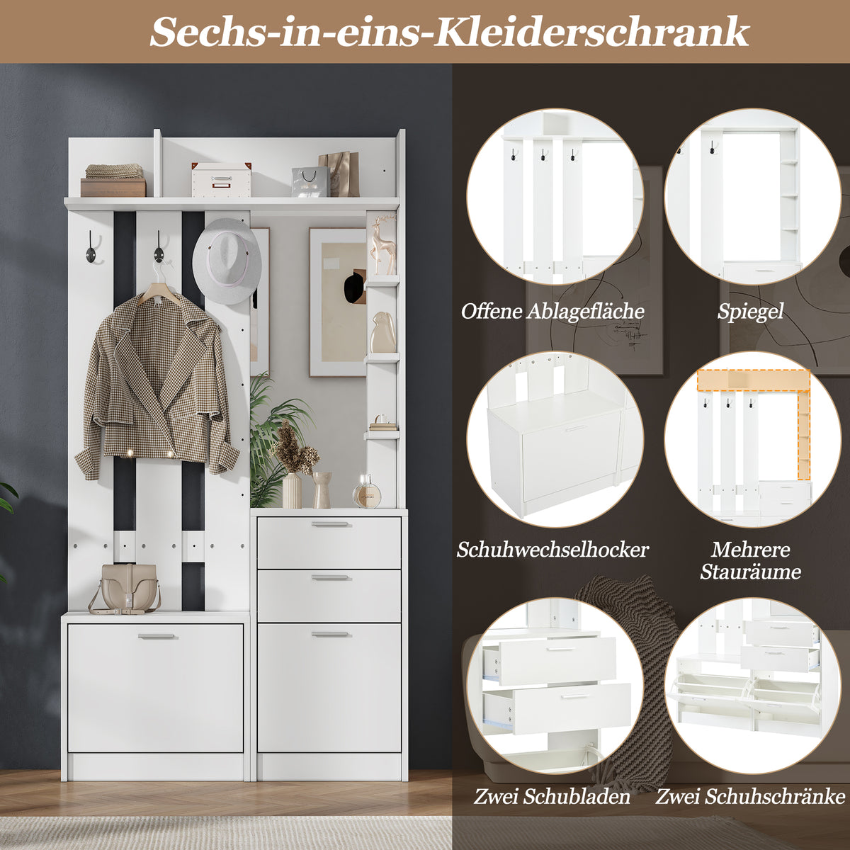 Garderobekast met spiegel wit – set