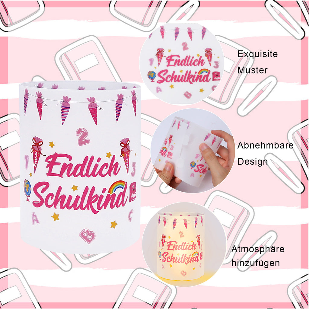 Windlicht schoolstart roze set – 12 stuks