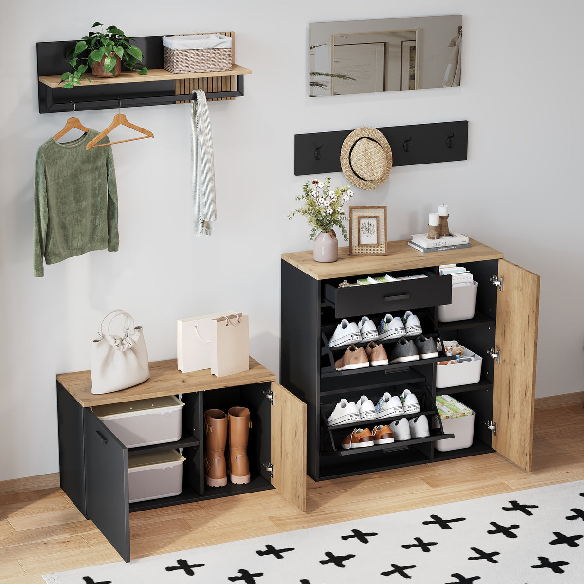 Halmeubel met spiegel naturel – 5-delige set
