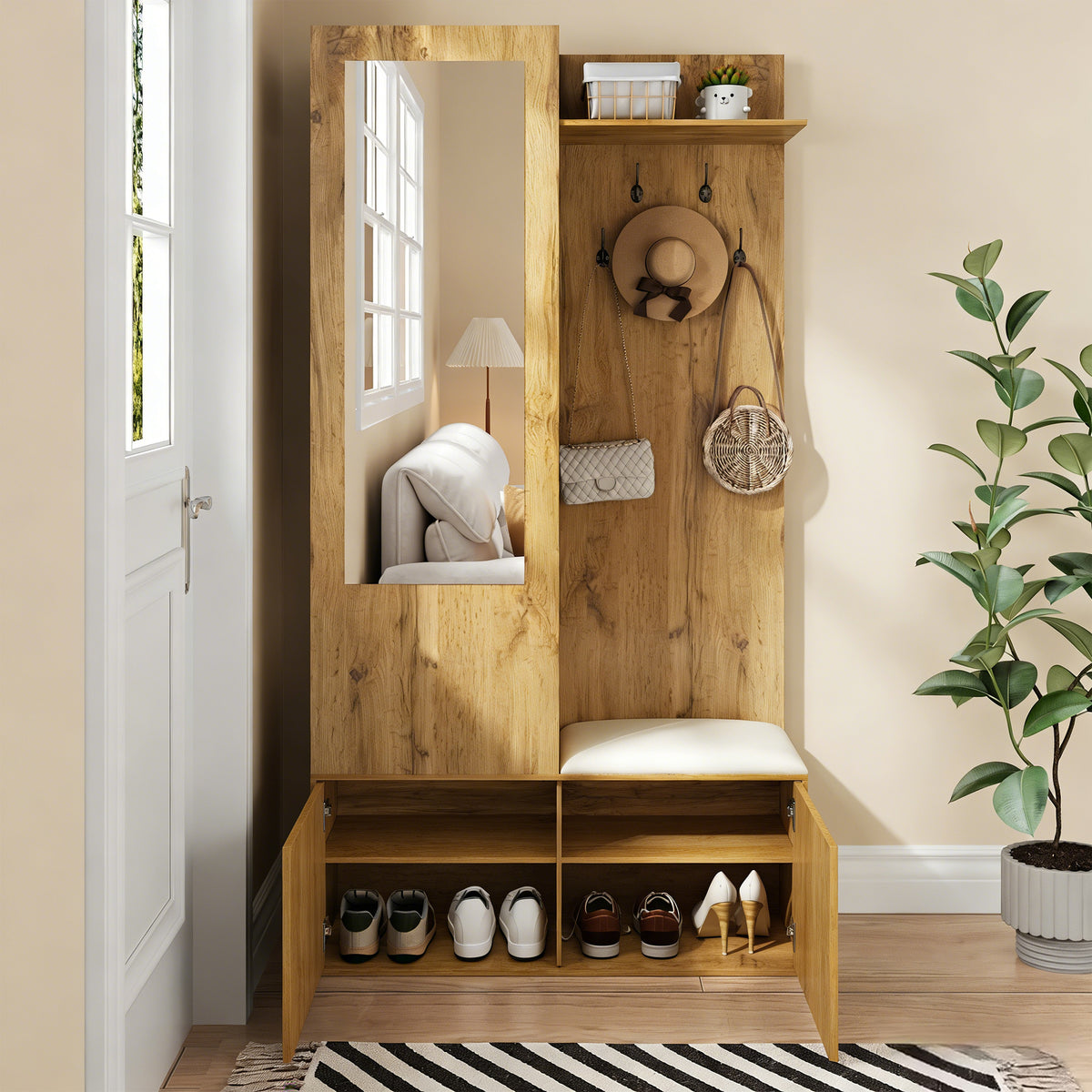 Stijlvolle garderobekast met spiegel naturel – set