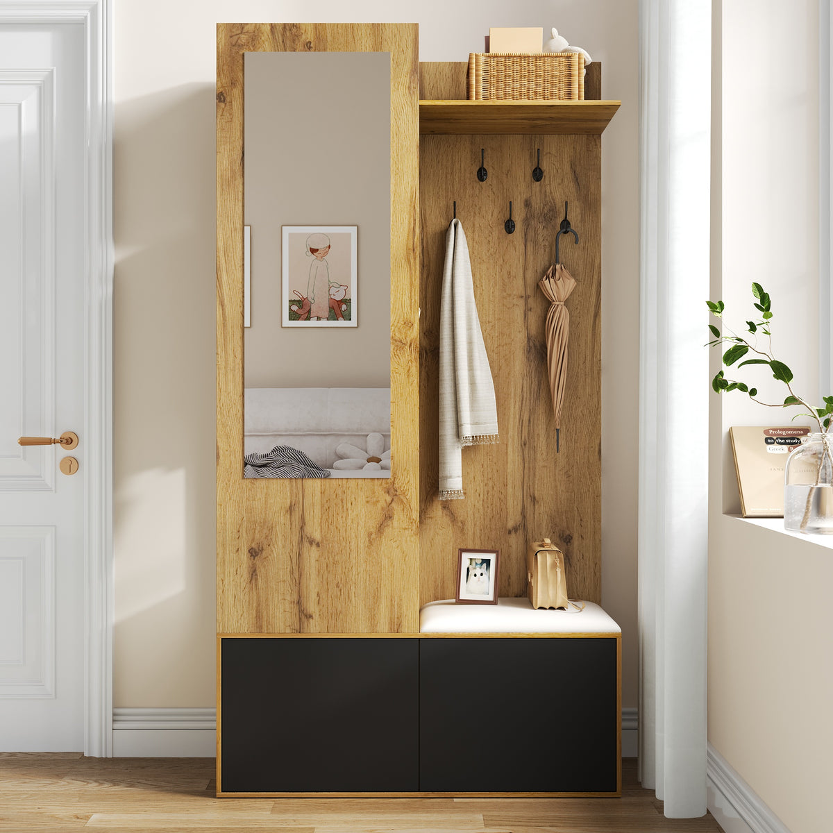 Stijlvolle garderobekast met spiegel naturel – set