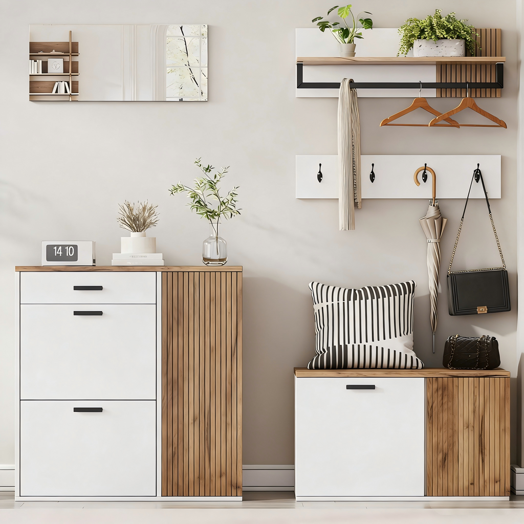 Halmeubel met spiegel eiken – set van 5