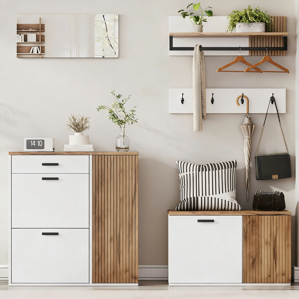 Halmeubel met spiegel eiken – set van 5