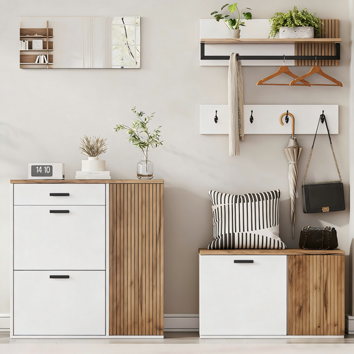 Halmeubel met spiegel eiken – set van 5