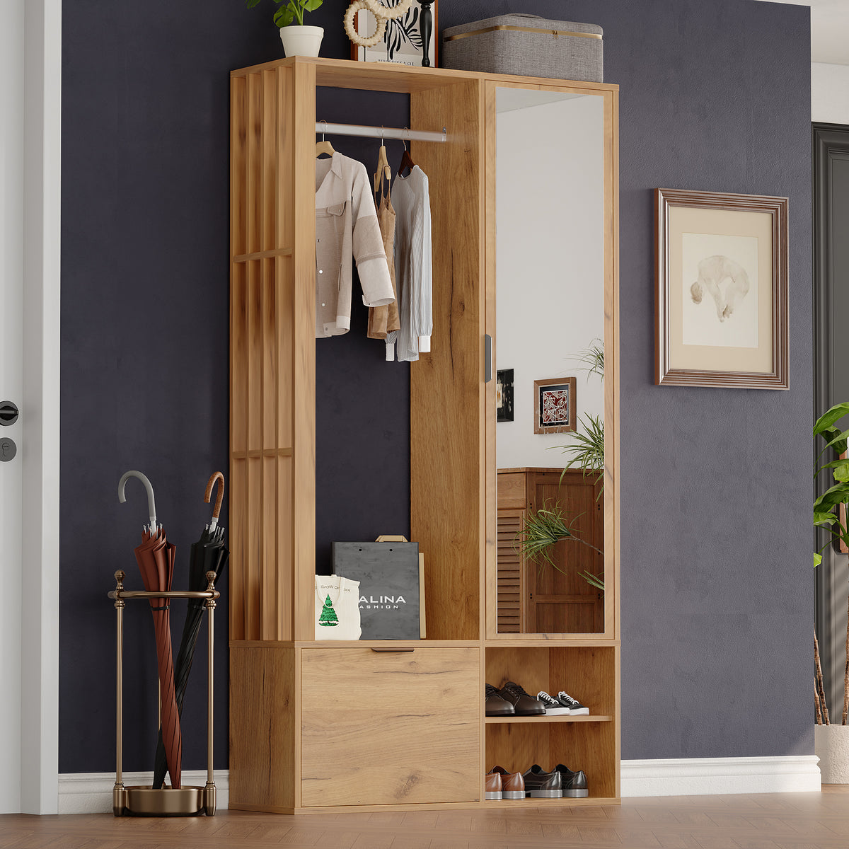 Garderobekast 6-in-1 met spiegel naturel – complete set