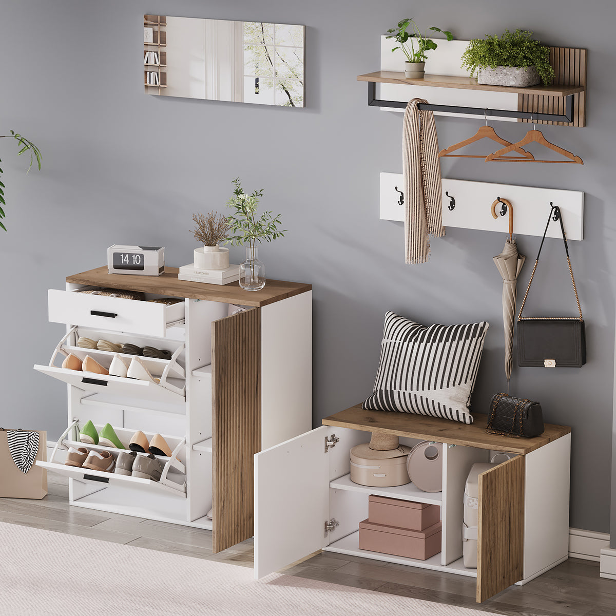 Halmeubel met spiegel eiken – set van 5