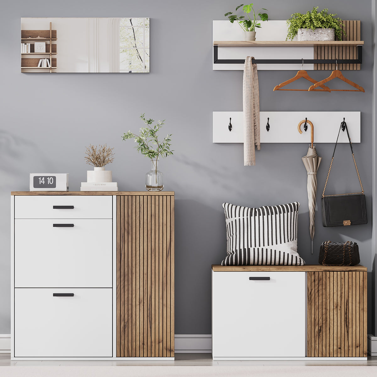 Halmeubel met spiegel eiken – set van 5