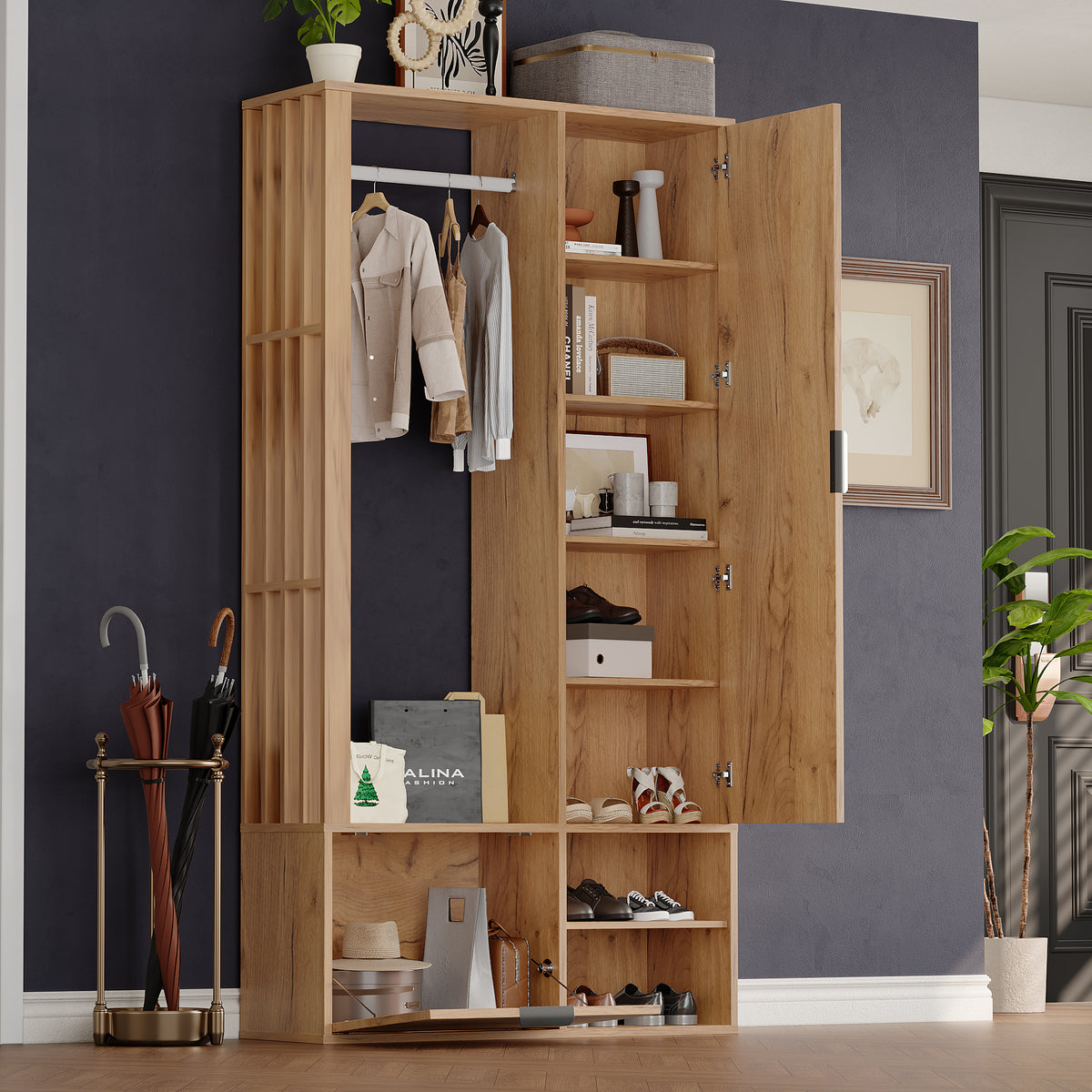 Garderobekast 6-in-1 met spiegel naturel – complete set