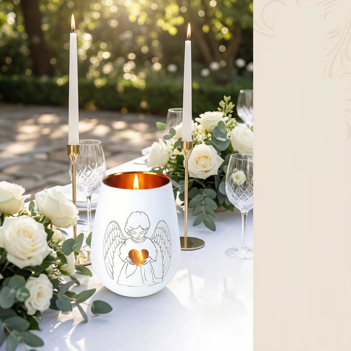 Theelichthouder engel glas wit klein – 15 cm