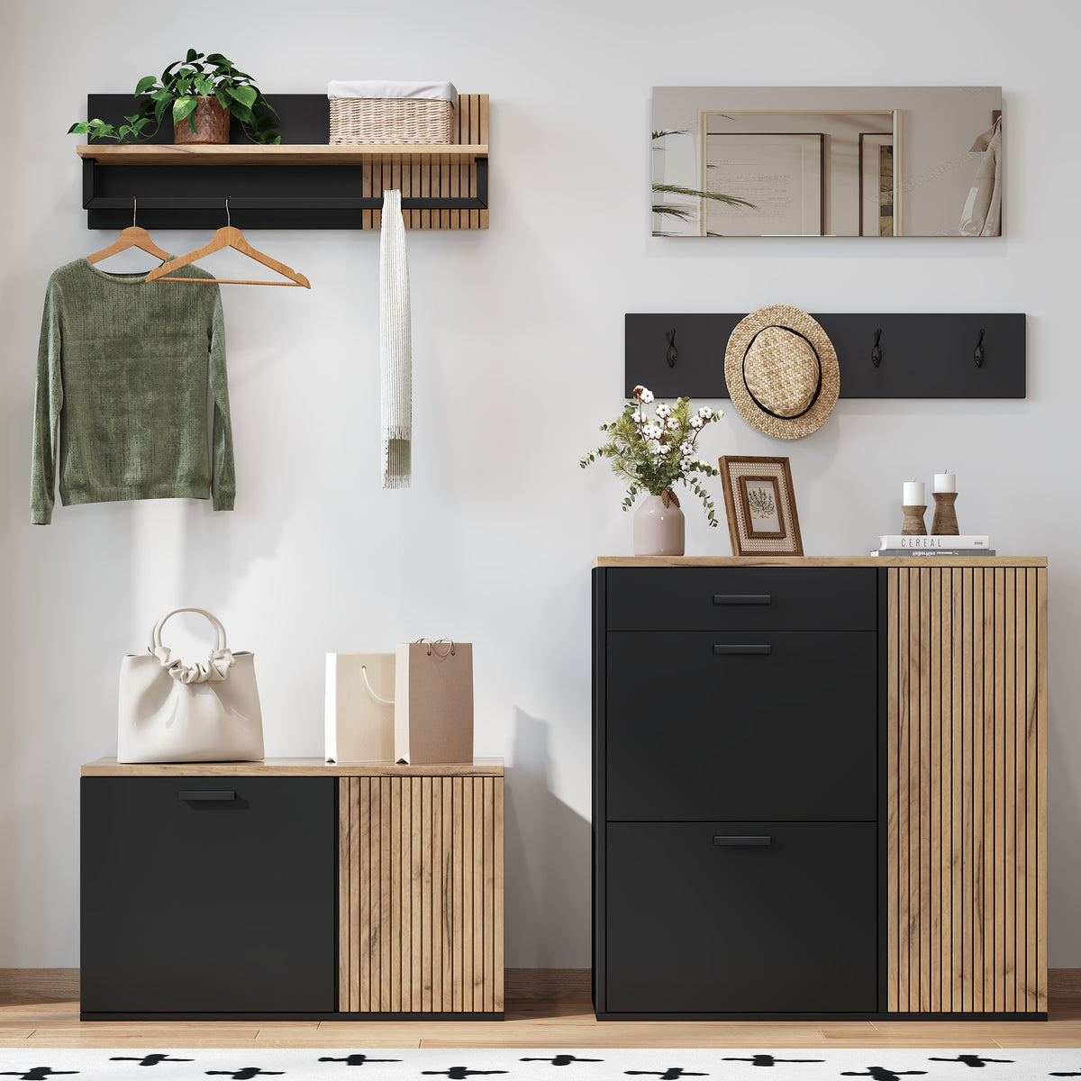 Halmeubel met spiegel naturel – 5-delige set