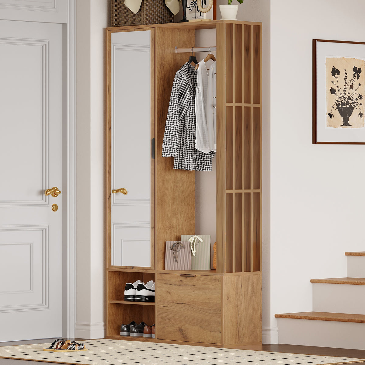 Garderobekast 6-in-1 met spiegel naturel – complete set