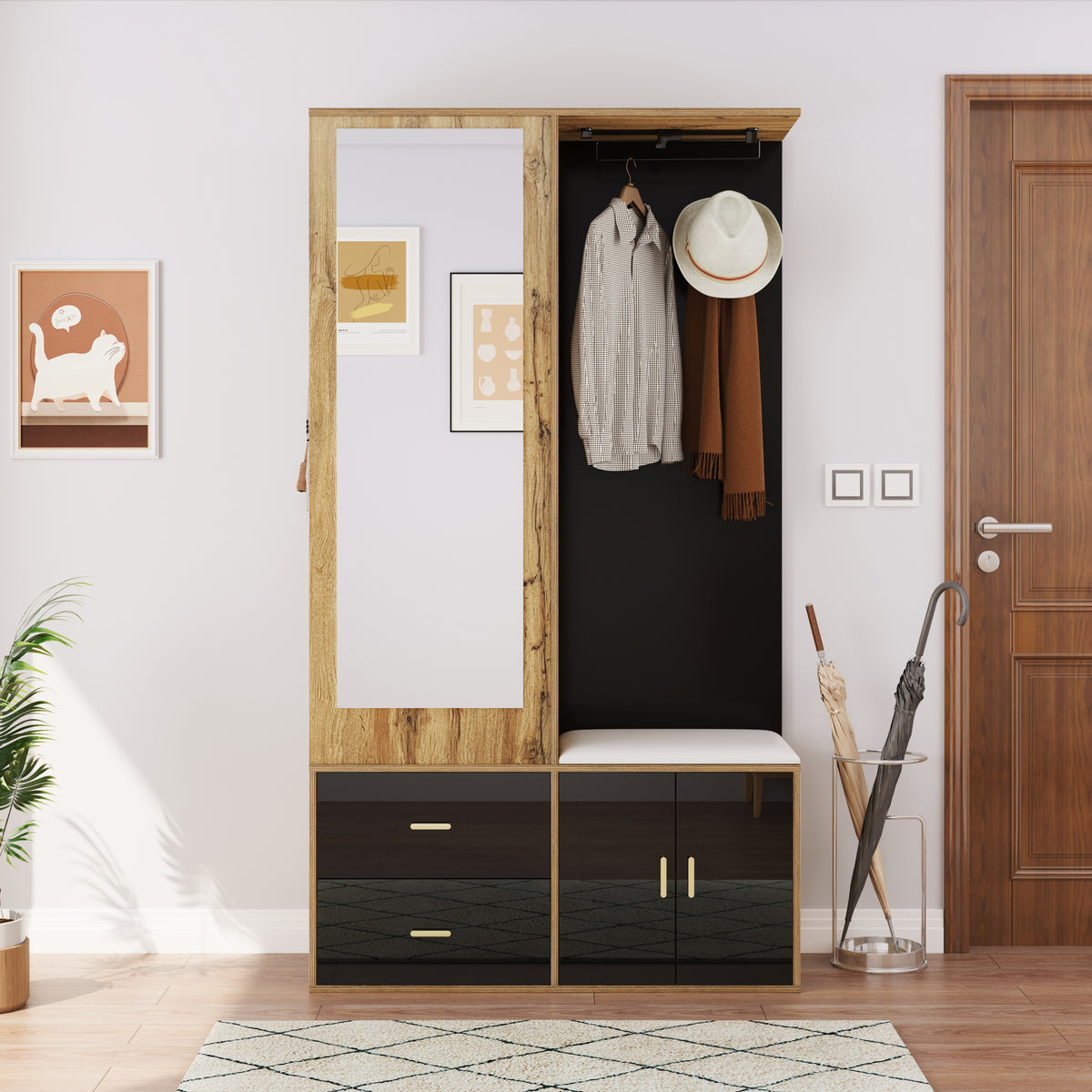 Elegante garderobekast met spiegel naturel – set