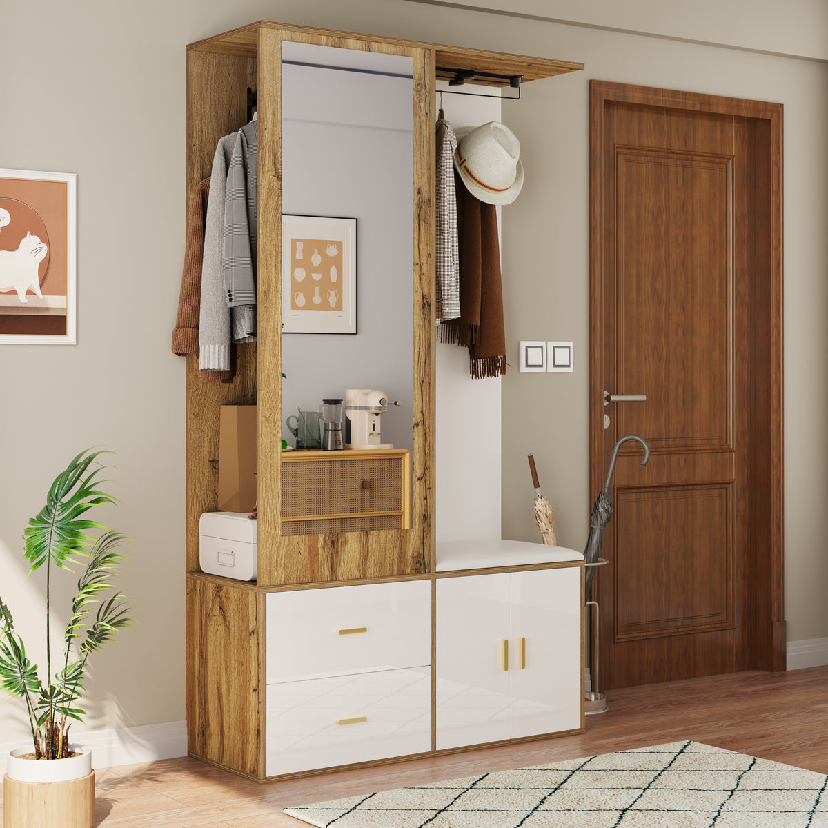 Elegante garderobekast met spiegel naturel – set
