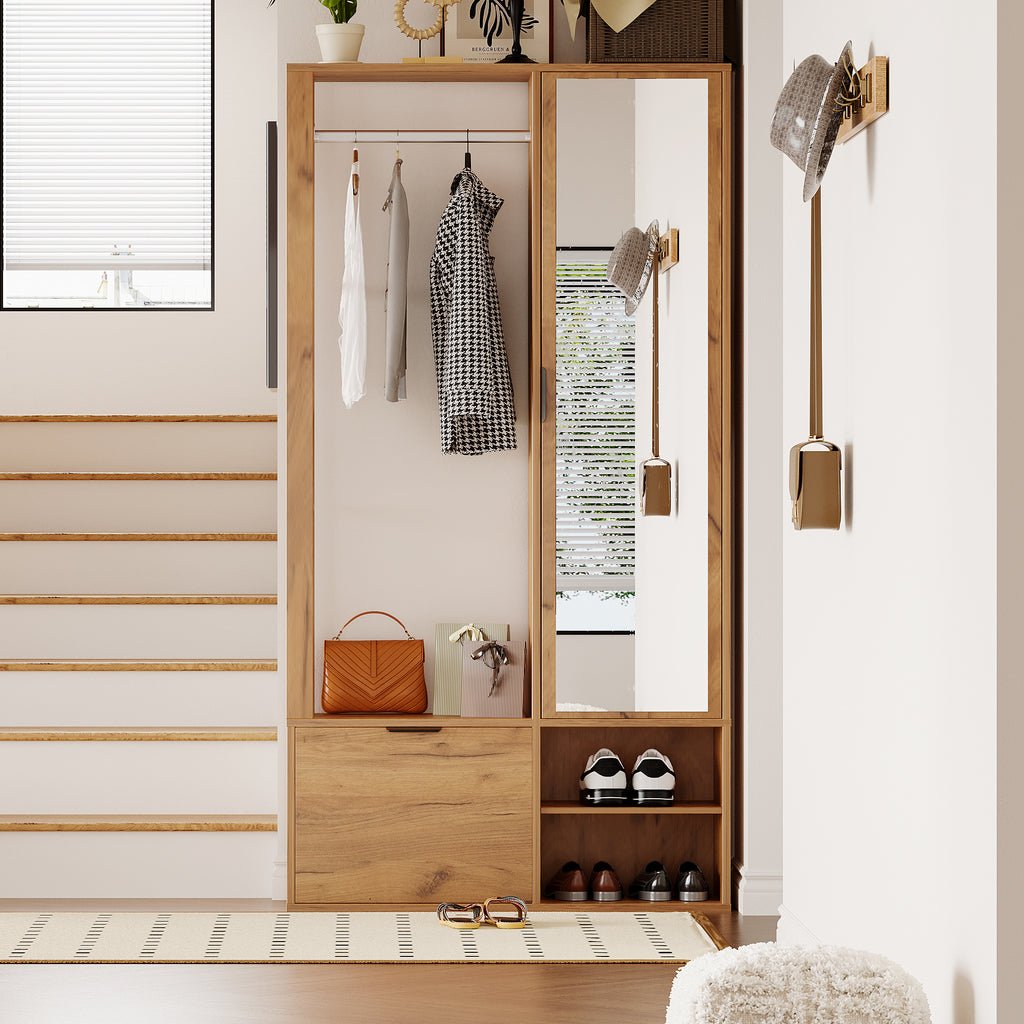 Garderobekast 6-in-1 met spiegel naturel – complete set