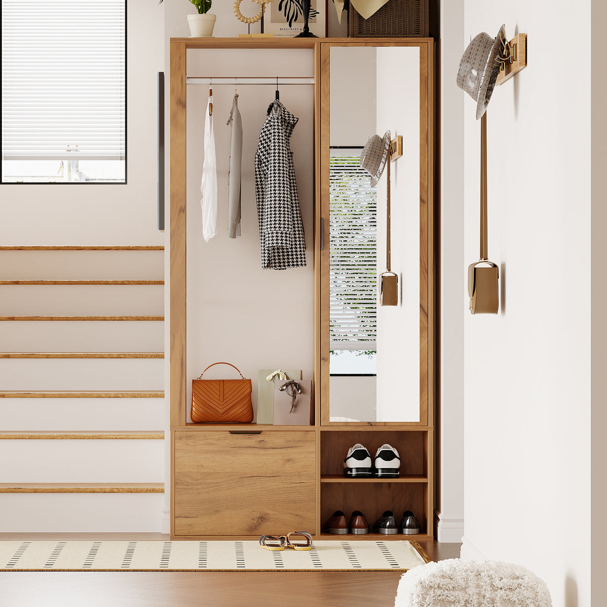 Garderobekast 6-in-1 met spiegel naturel – complete set