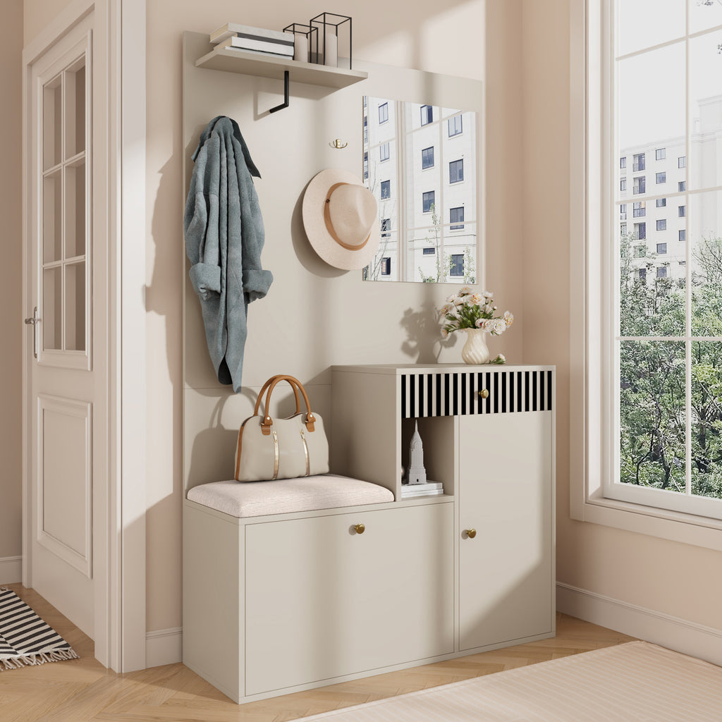 Halmeubel met spiegel crème – set