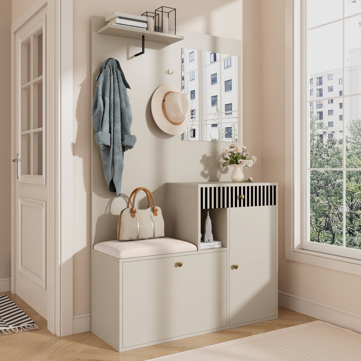 Halmeubel met spiegel crème – set