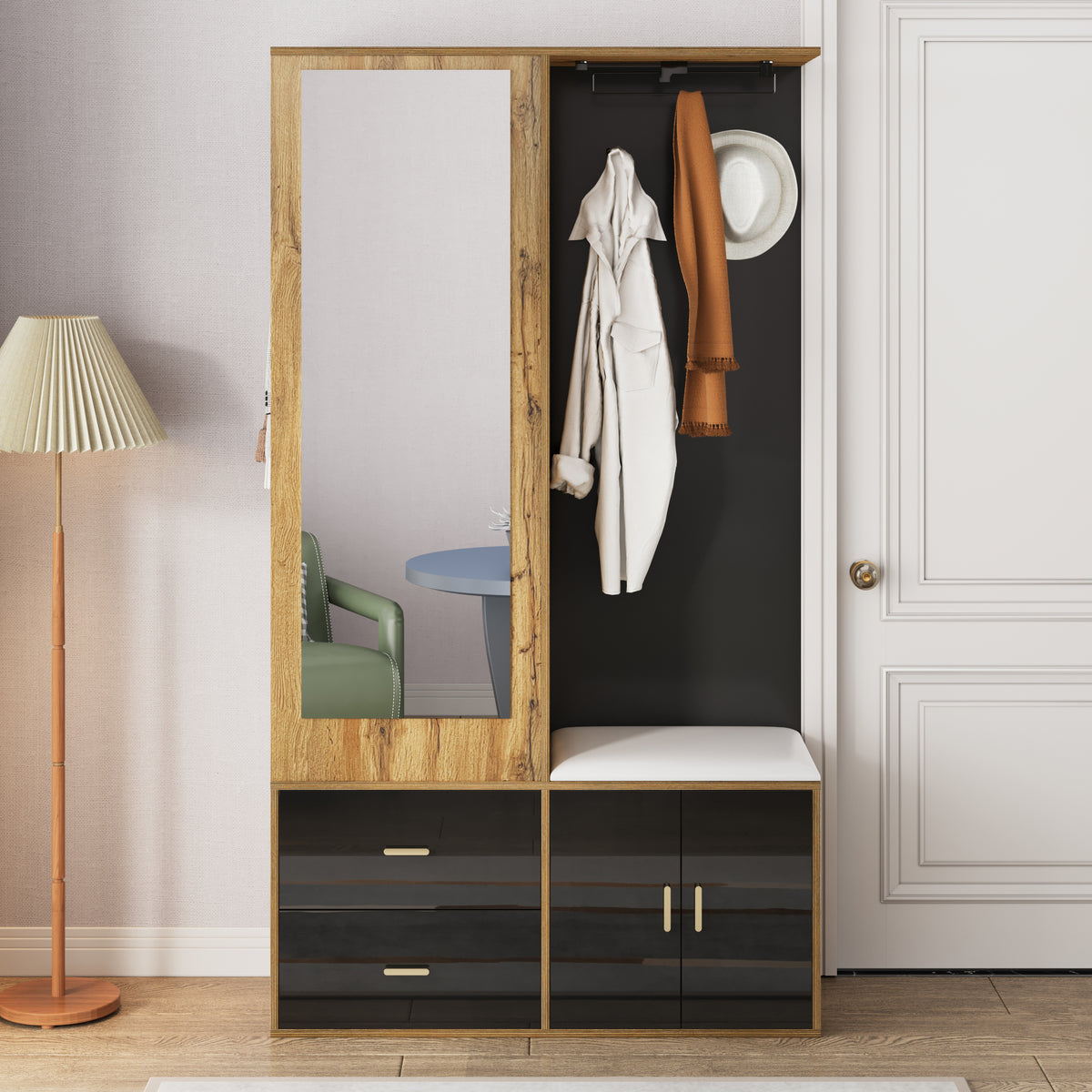 Elegante garderobekast met spiegel naturel – set
