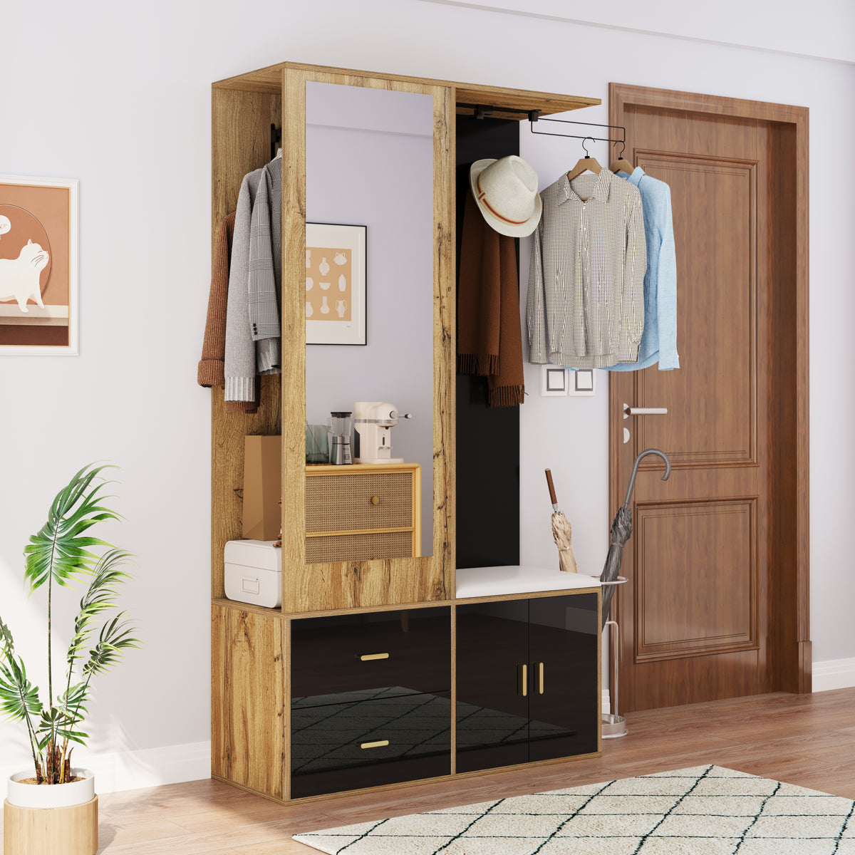 Elegante garderobekast met spiegel naturel – set