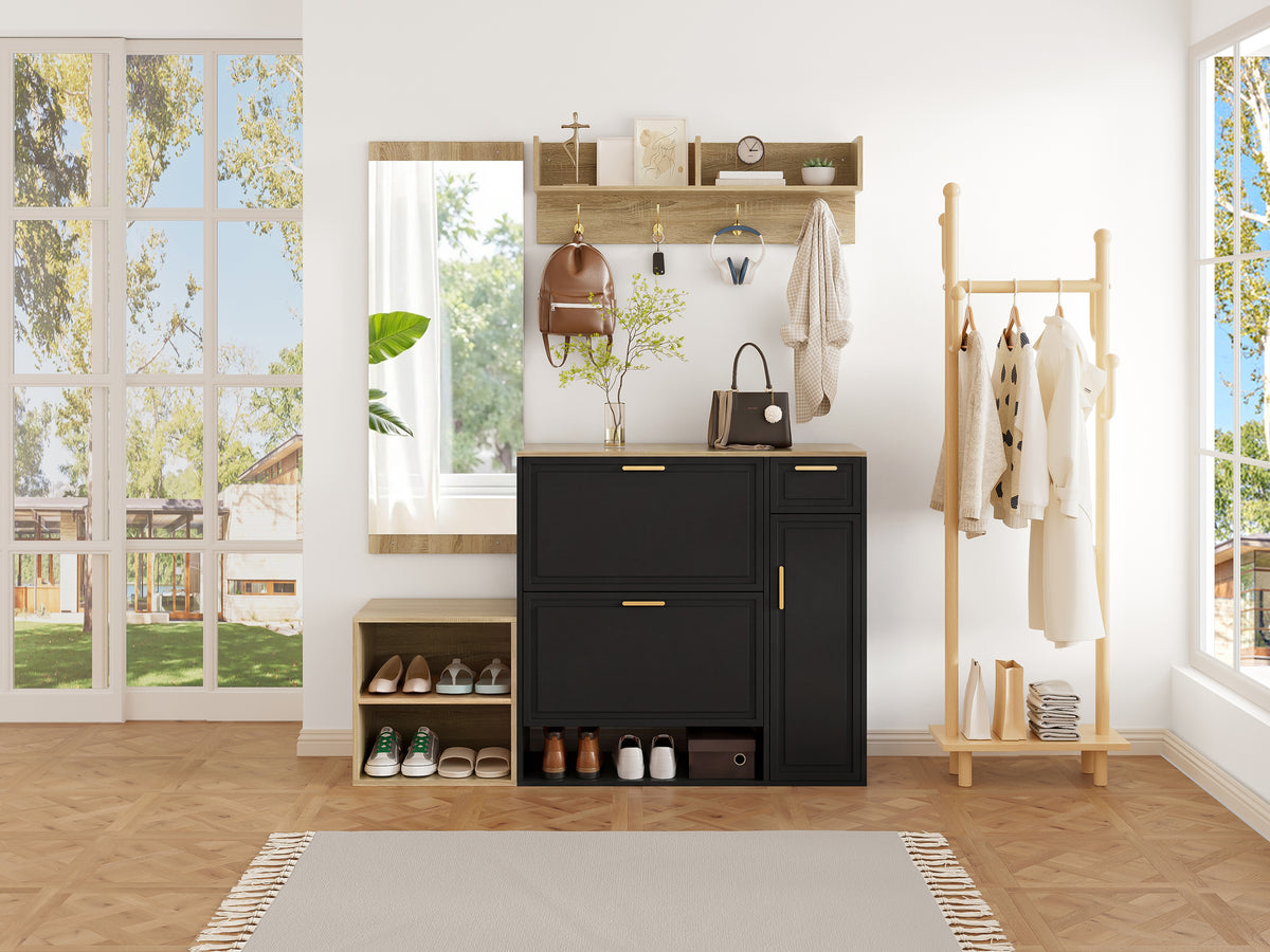 Halmeubel met spiegel zwart – set van 4