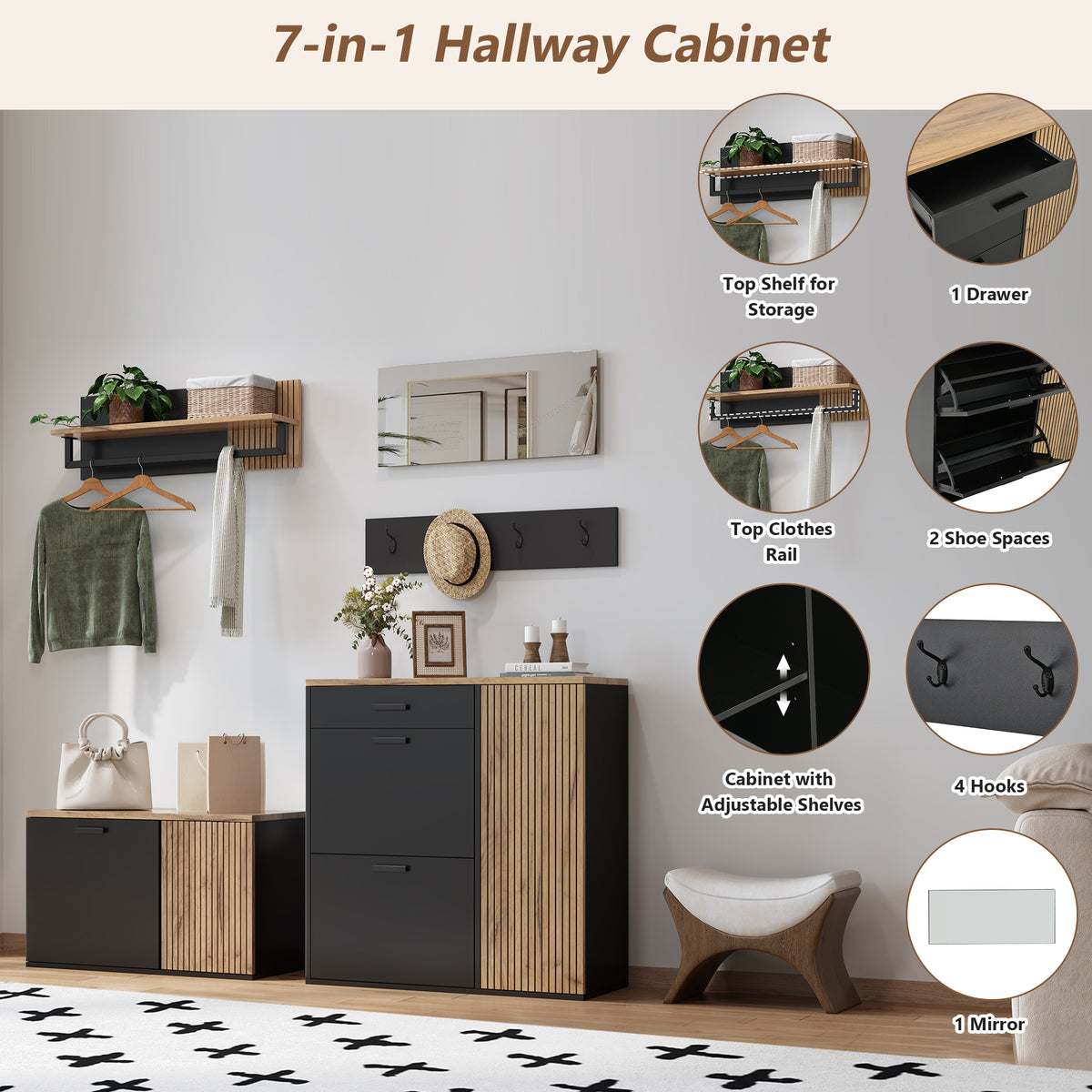 Halmeubel met spiegel naturel – 5-delige set