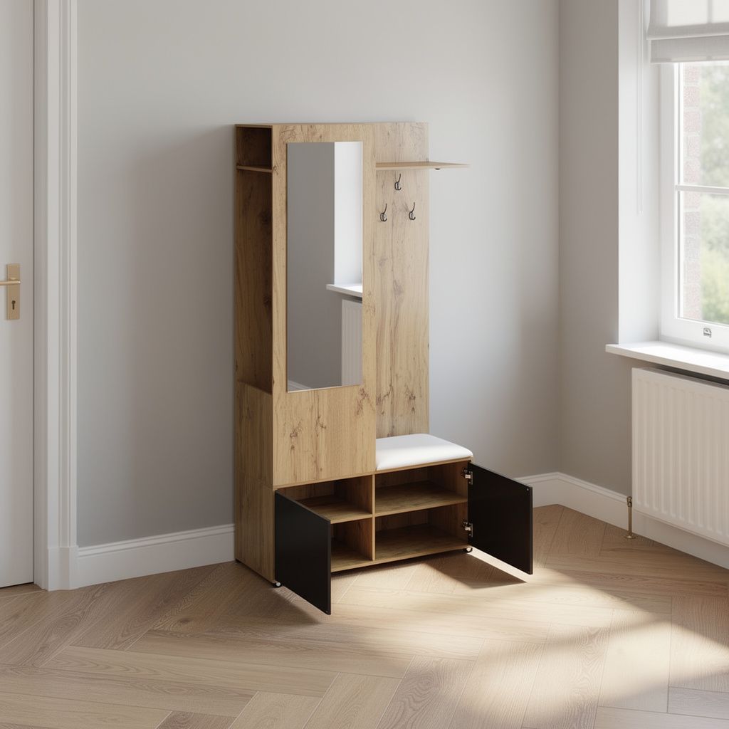 Stijlvolle garderobekast met spiegel naturel – 38 cm – sfeerbeeld